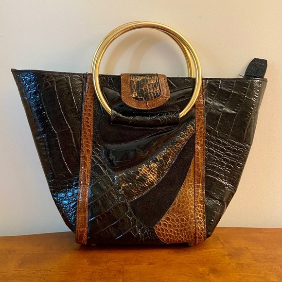 Vintage Faux Croc Handbag Gold Ring Handles - Picture 2 of 9